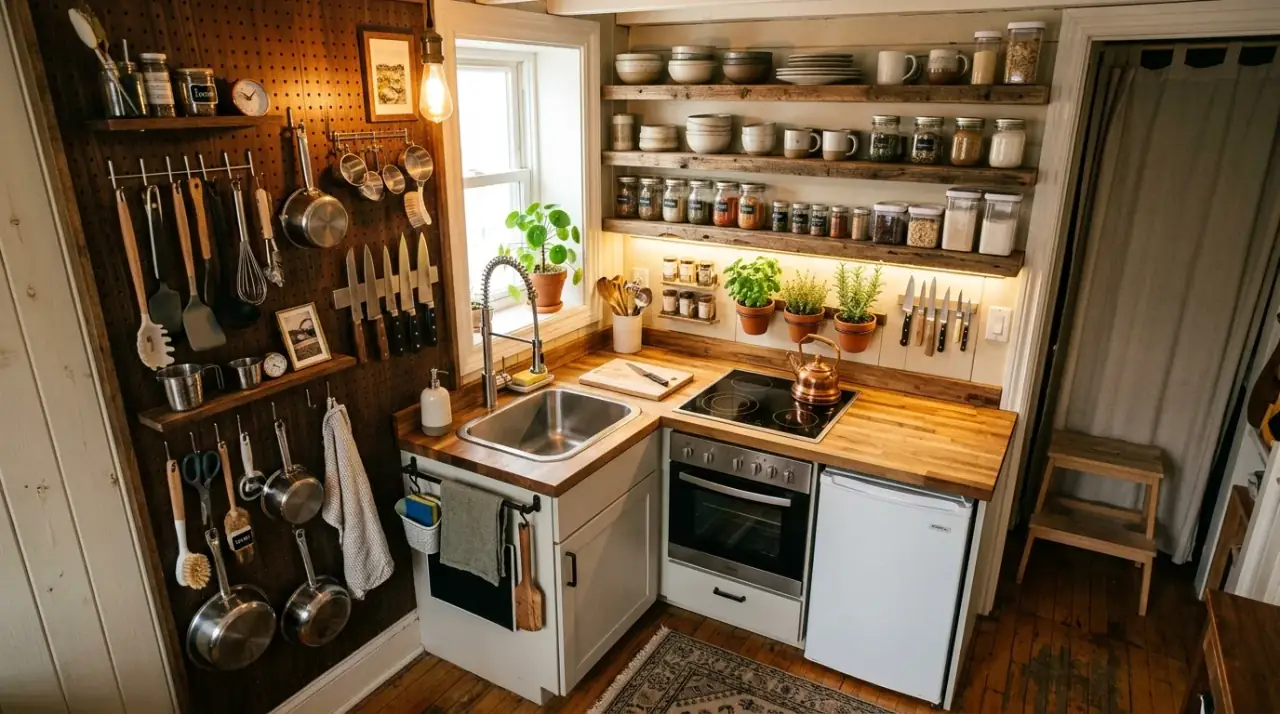 Sink cover in tiny house kitchen. Convertible prep surface creating more room inside a tiny kitchen.