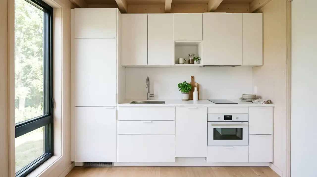 Tiny dining ledge in house kitchen. Compact seating surface adding more function to a tiny kitchen.