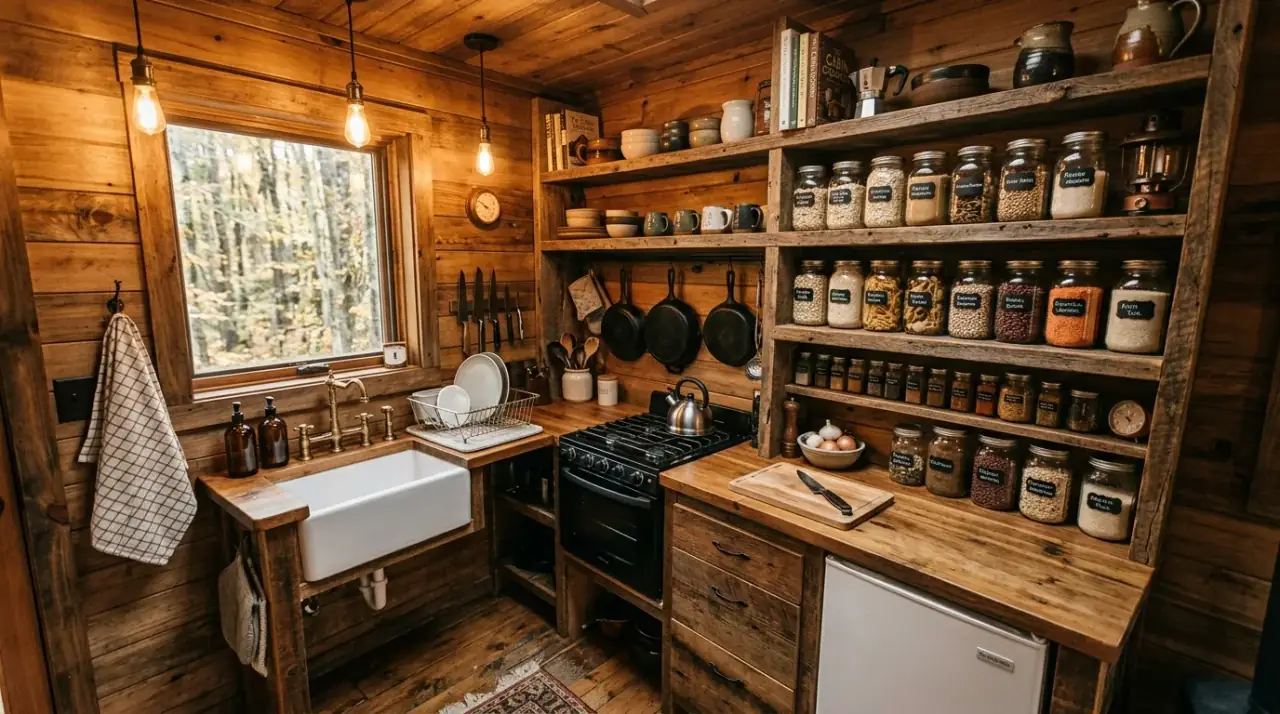 Reflective details in tiny house kitchen. Light-enhancing finishes helping a compact kitchen feel more open.