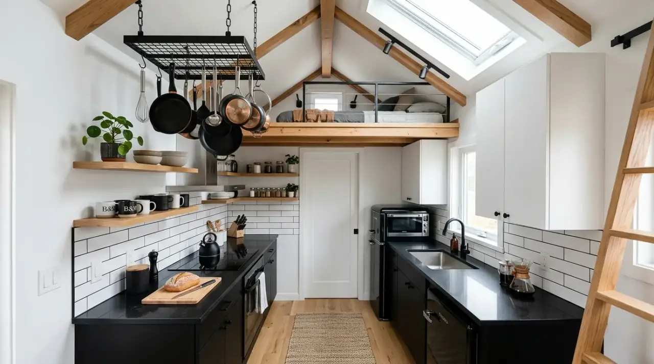 Coordinated storage in tiny house kitchen. Consistent containers reducing visual clutter in a compact kitchen.