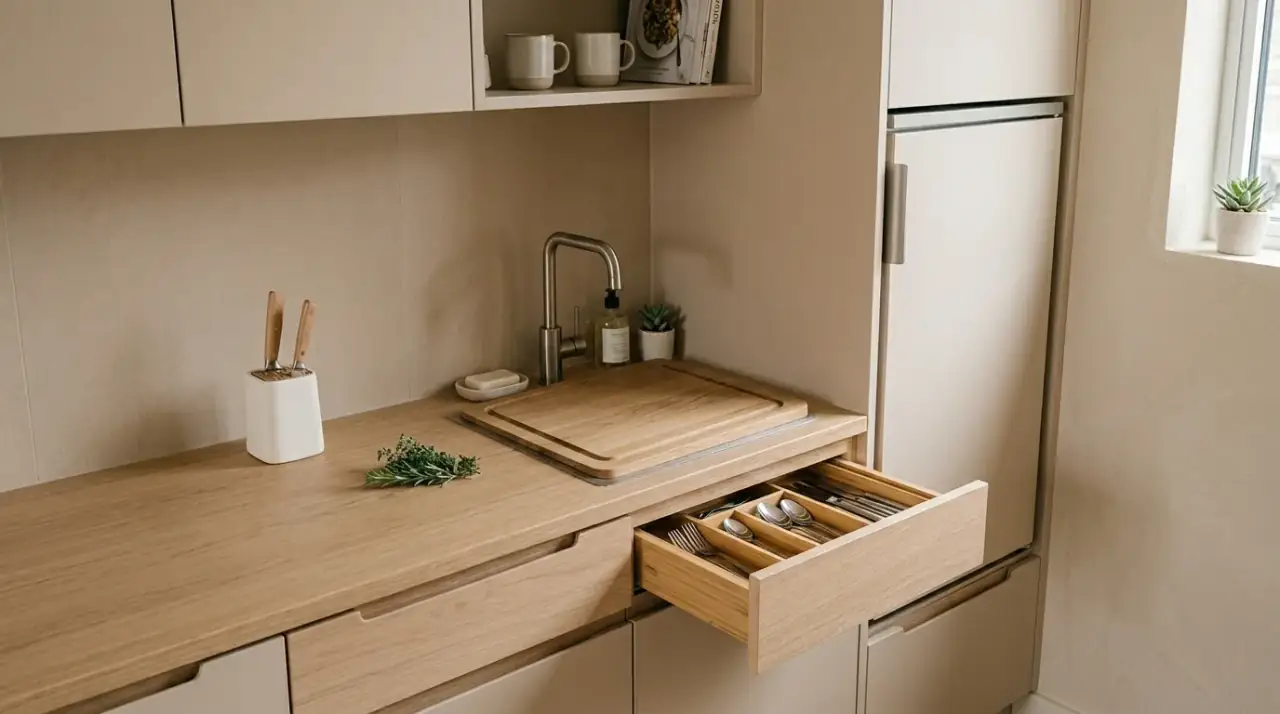 Warm wood in tiny house kitchen. Natural materials softening a bright and efficient compact kitchen.