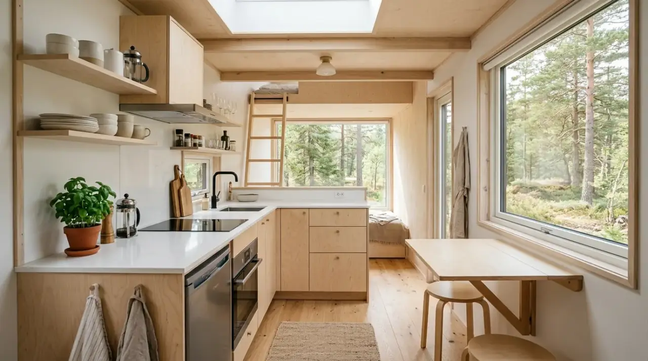 Tiny house kitchen planned as a system. Compact living kitchen shaped by efficient and thoughtful full-room planning.