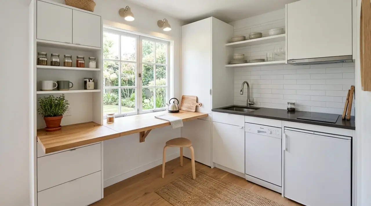 Clever tiny kitchen idea designed to maximize a compact footprint with smart storage.
