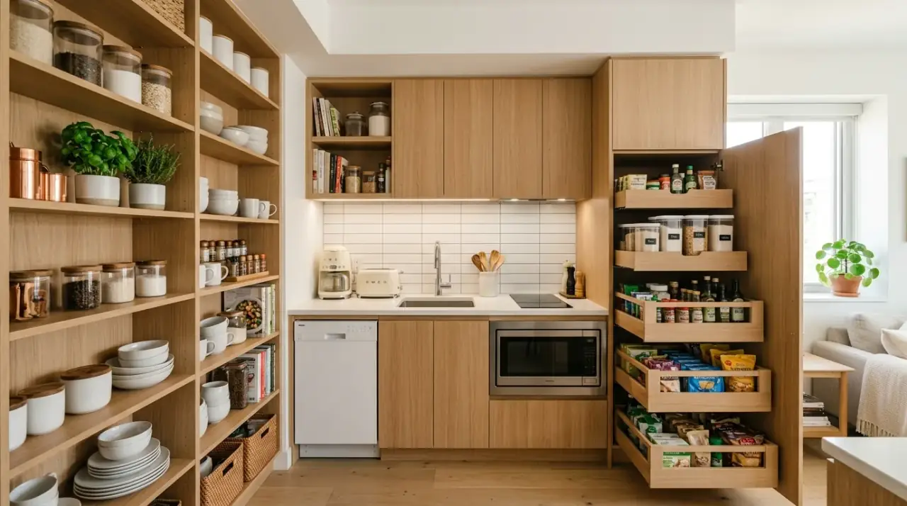 Compact appliances in tiny kitchen. Smaller-scale equipment preserving function in a very limited layout.