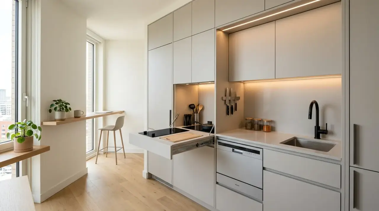 Pull-out surface tiny kitchen. Flexible prep area adding function to a very compact kitchen footprint.