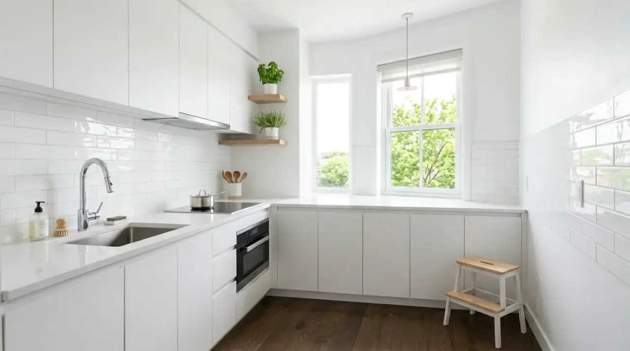 Light palette tiny kitchen. Soft continuous finishes helping a tiny kitchen feel more open.