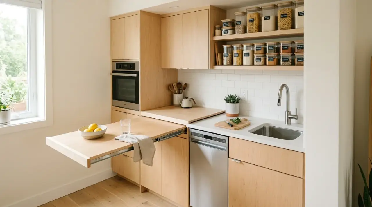 Backsplash storage tiny kitchen. Vertical tool organization improving function in a small footprint.