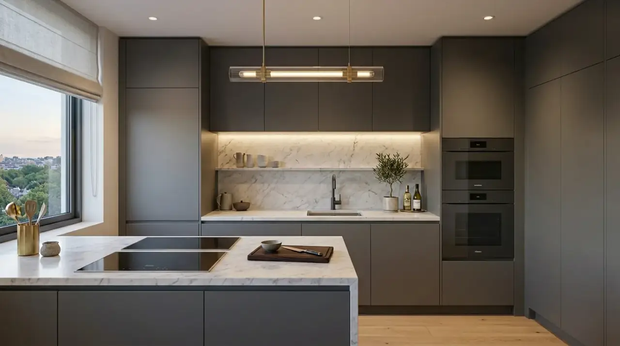 Open shelf tiny kitchen. Selective wall storage reducing heaviness in a very small kitchen.