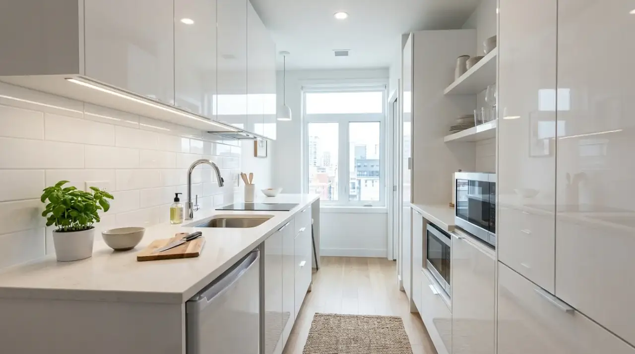 Lighting in tiny kitchen. Better illumination helping a tiny kitchen feel larger and more capable.