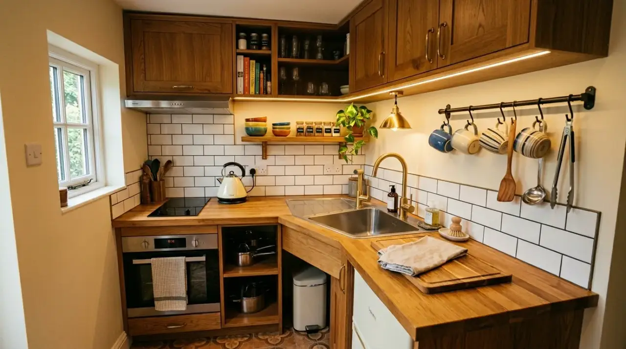 Tiny kitchen dining spot. Small seating solution adding daily function to a compact kitchen.