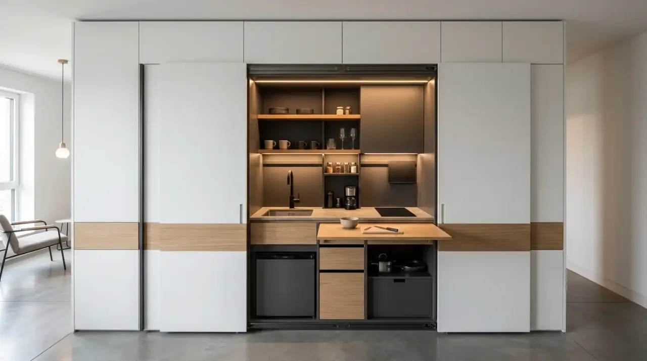 Reflective finishes tiny kitchen. Light-bouncing surfaces helping a compact kitchen feel more open.