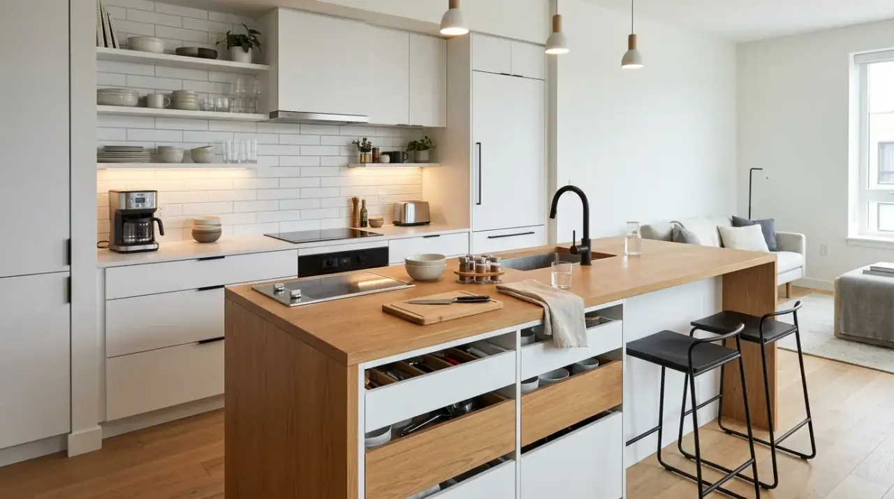 Tiny kitchen overview. Compact kitchen planned holistically for openness, efficiency, and comfort.
