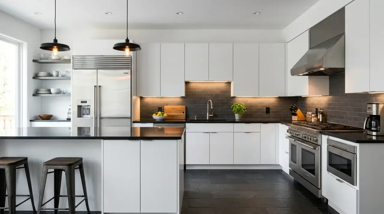 Marble kitchen countertop. Elegant natural stone countertop with visible veining and classic softness.