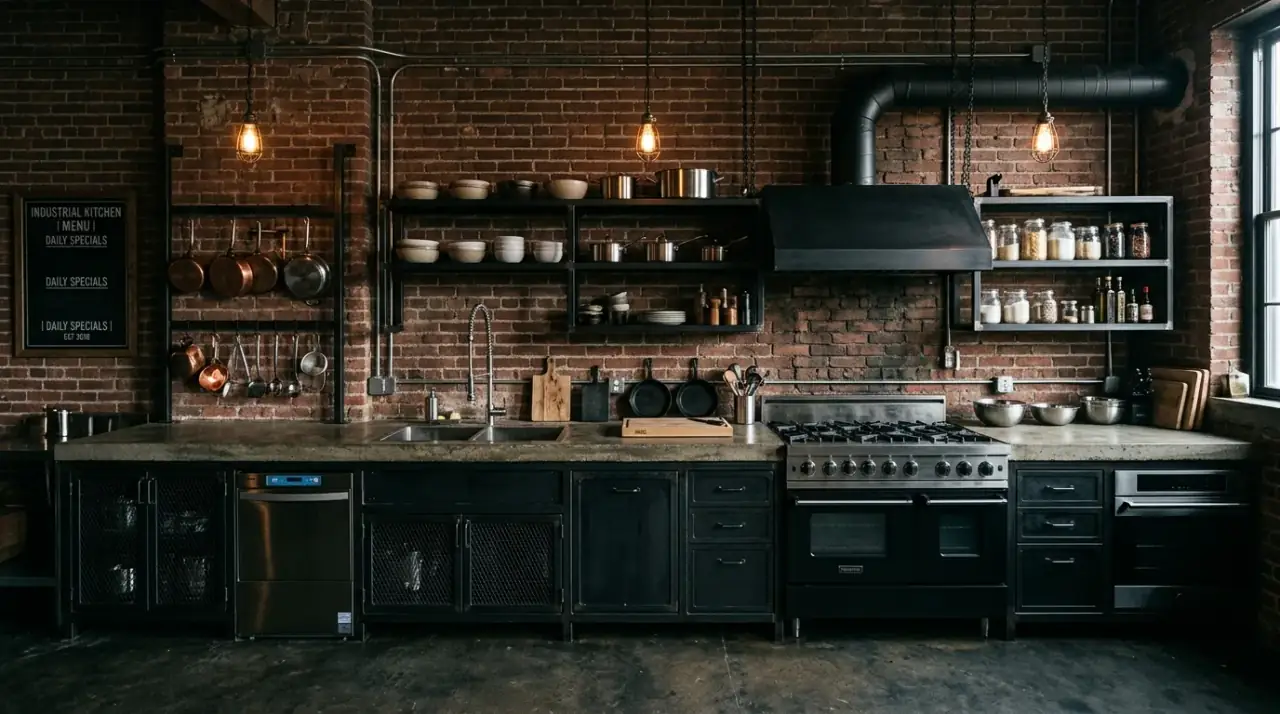 Concrete countertop kitchen. Custom industrial-style countertop with strong architectural presence.