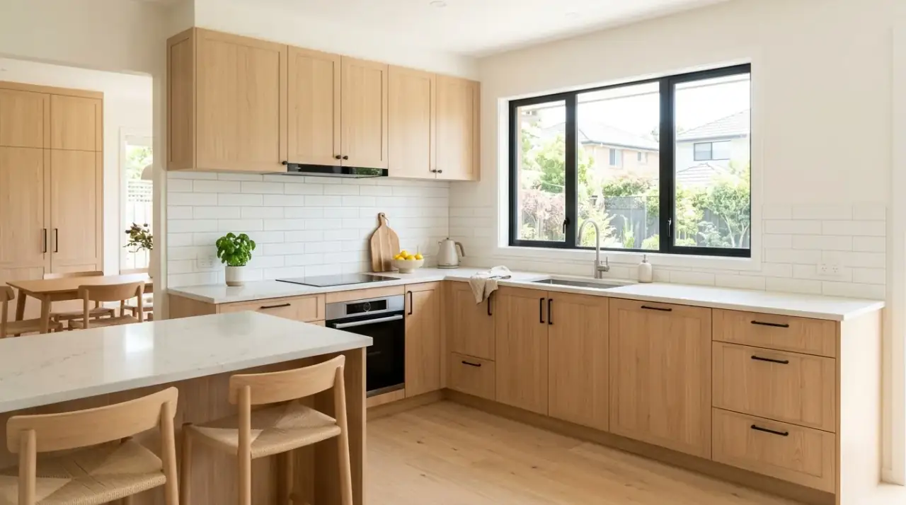 Quartzite kitchen countertop. Natural stone surface combining visual movement with strong everyday durability.