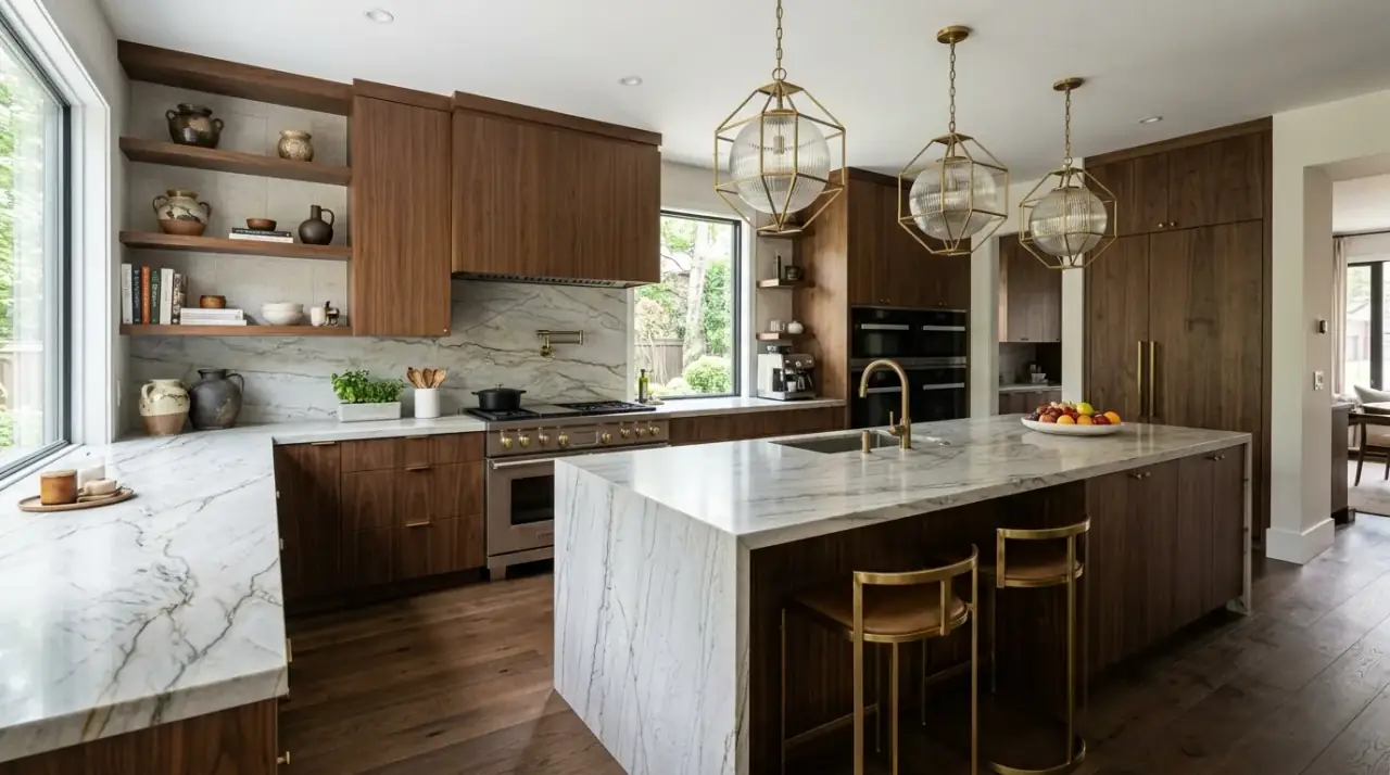 Tile kitchen countertop. Patterned tiled countertop adding handcrafted charm to the kitchen.