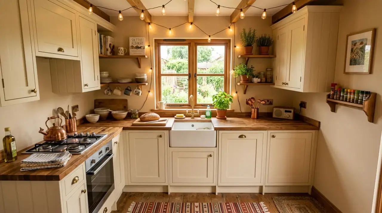 Cozy small kitchen idea creating a warm aesthetic compact cookspace.