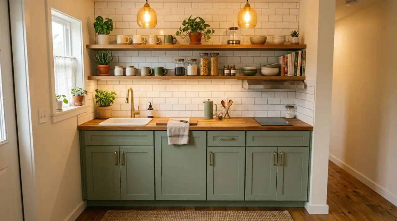 Wood details in cozy small kitchen. Natural accents making a compact kitchen feel warmer and more charming.