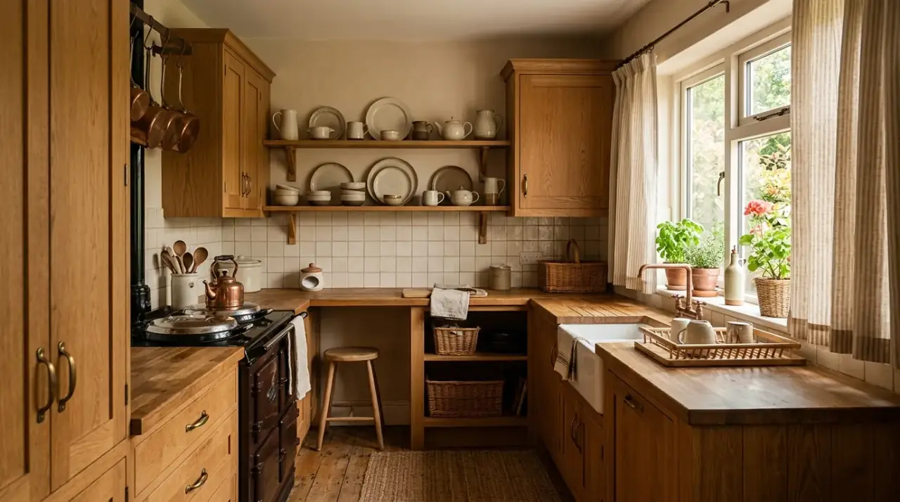 Lamp in cozy small kitchen. Warm evening light helping a compact kitchen feel softer and more intimate.