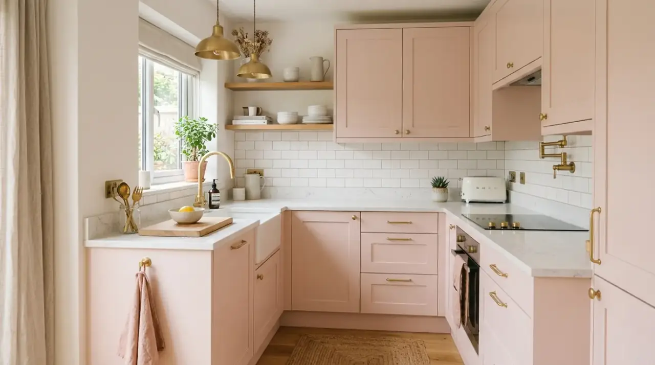 Open shelves in cozy kitchen. Carefully styled shelving helping a small kitchen feel warm and personal.