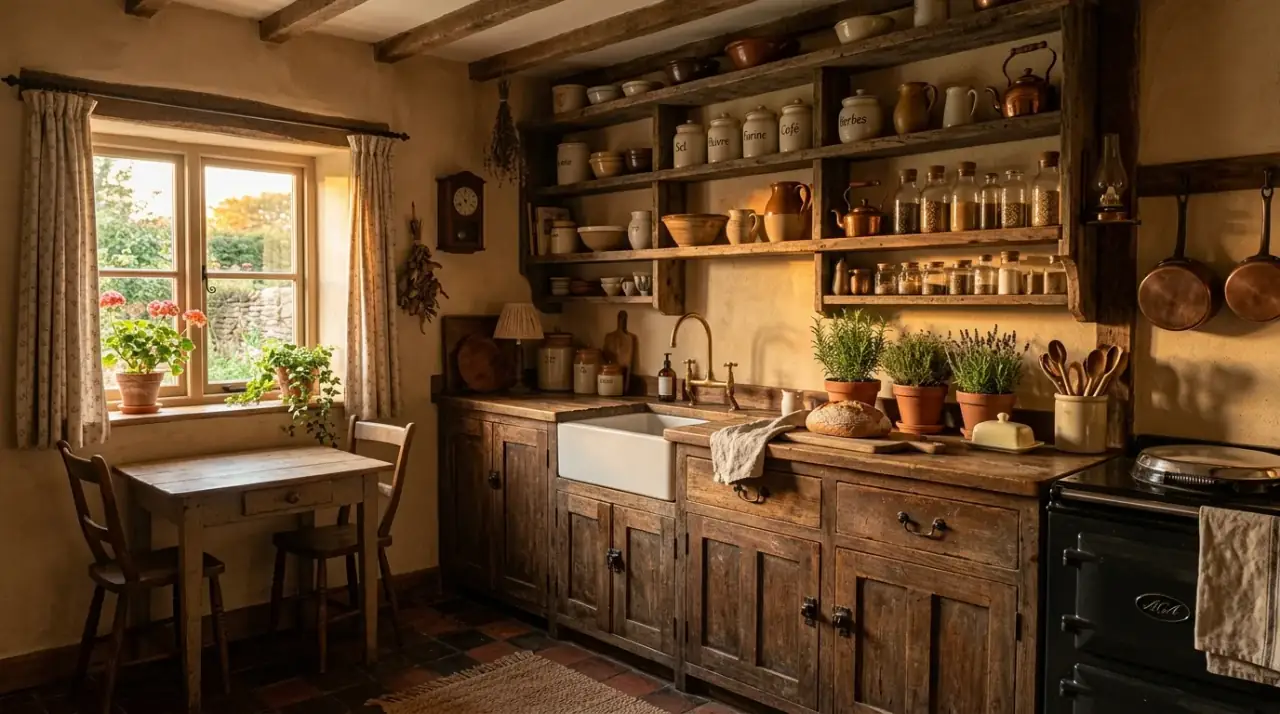 Textiles in cozy small kitchen. Soft layered fabrics adding warmth and comfort to a compact kitchen.