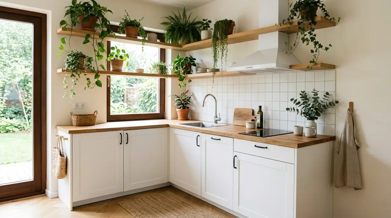 Dark accents in cozy small kitchen. A little contrast helping a warm compact kitchen feel more balanced.