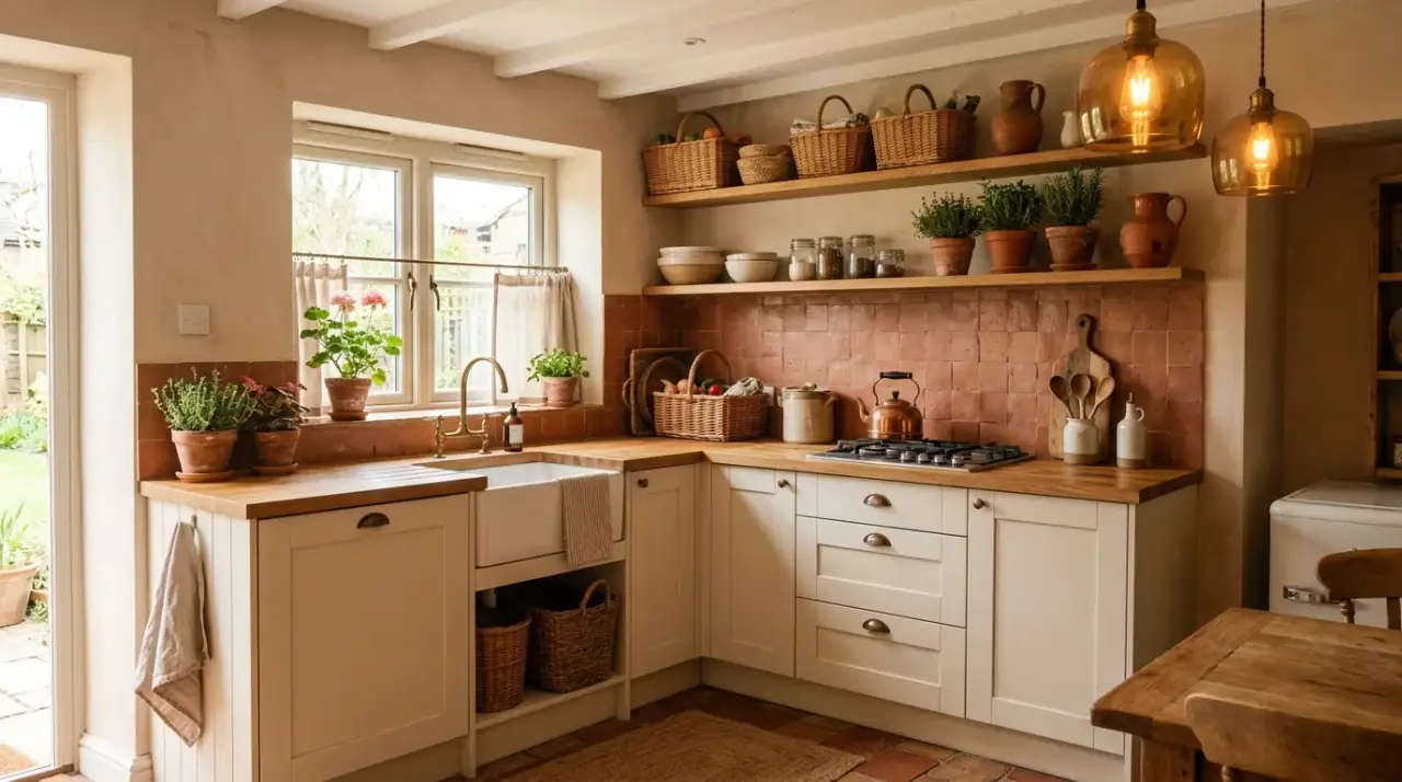 Cozy practical counter styling. Useful countertop pieces helping a small kitchen feel warm without clutter.