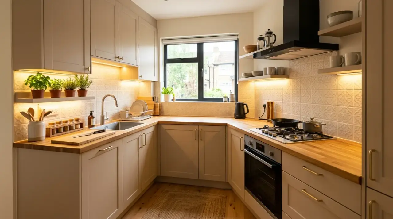 Ceramics in cozy small kitchen. Small personal objects adding warmth and character to a compact kitchen.