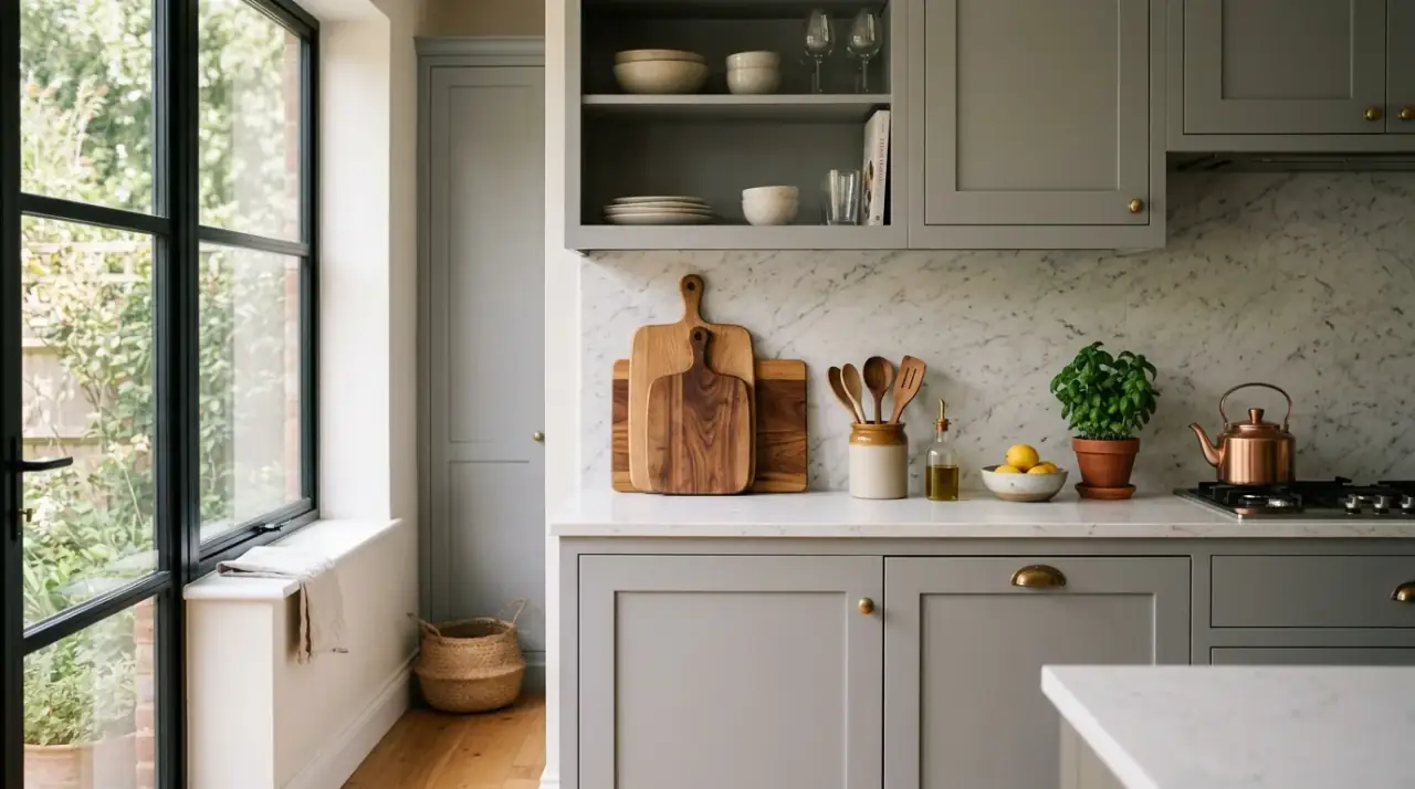 Soft daylight in cozy small kitchen. Gentle natural light helping a compact kitchen feel calm and inviting.