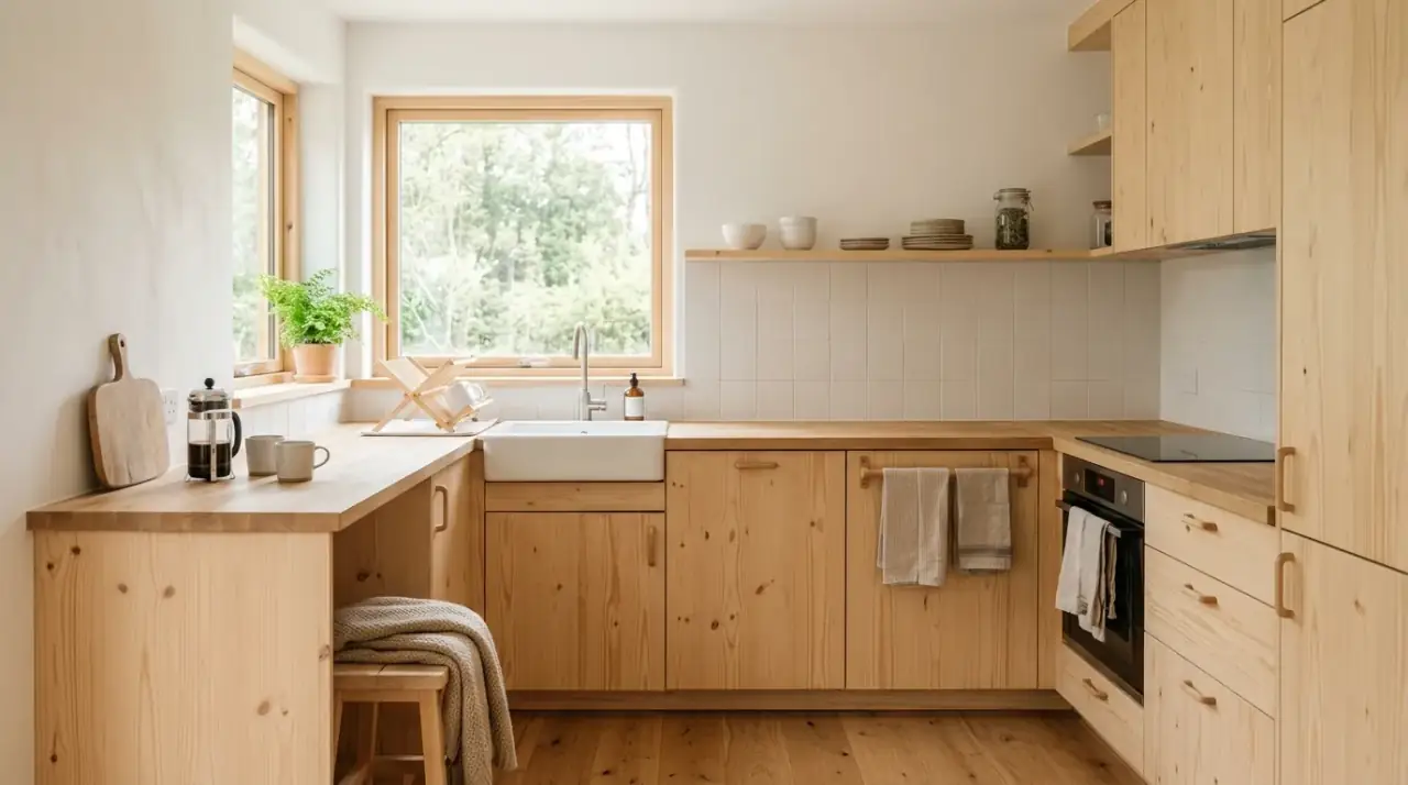 Plants in cozy compact kitchen. Fresh green accents bringing life to a small warm kitchen.