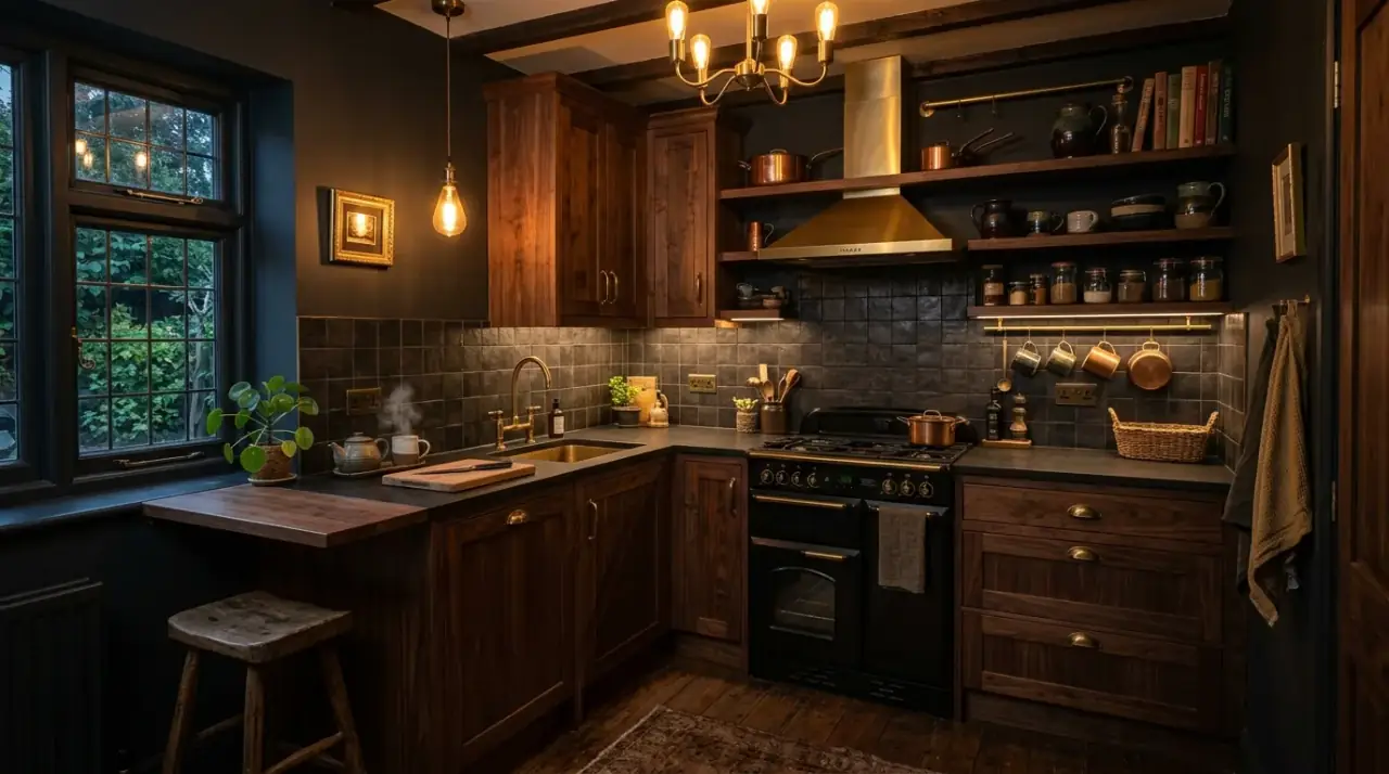 Organized cozy small kitchen. Quiet storage systems helping a compact kitchen keep its warm uncluttered feeling.