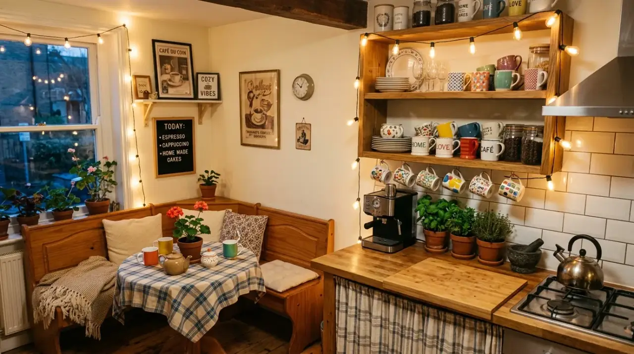 Tiny nook in cozy kitchen. Small seating moment adding personality and comfort to a compact kitchen.