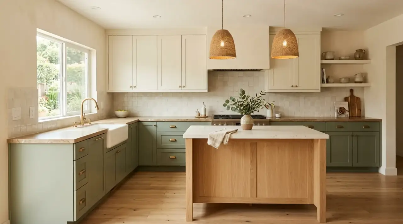 Cozy small kitchen overview. Warm compact kitchen design balancing comfort, beauty, and efficient everyday use.