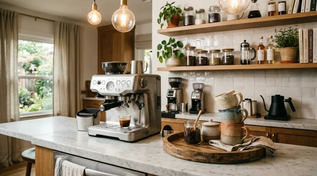 Cozy kitchen coffee bar styled on the counter with warmth, storage, and inviting daily function.