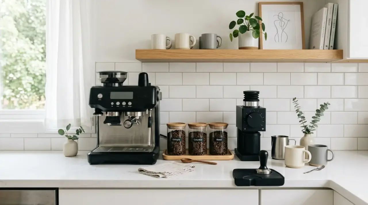 Coffee bar mug shelf. Kitchen coffee station with a short shelf for mugs and display.