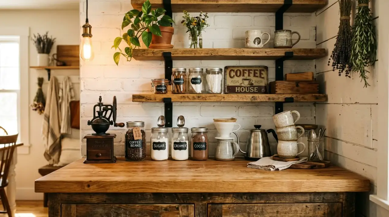 Coffee bar by hutch. Cozy kitchen beverage station supported by nearby cabinet storage.