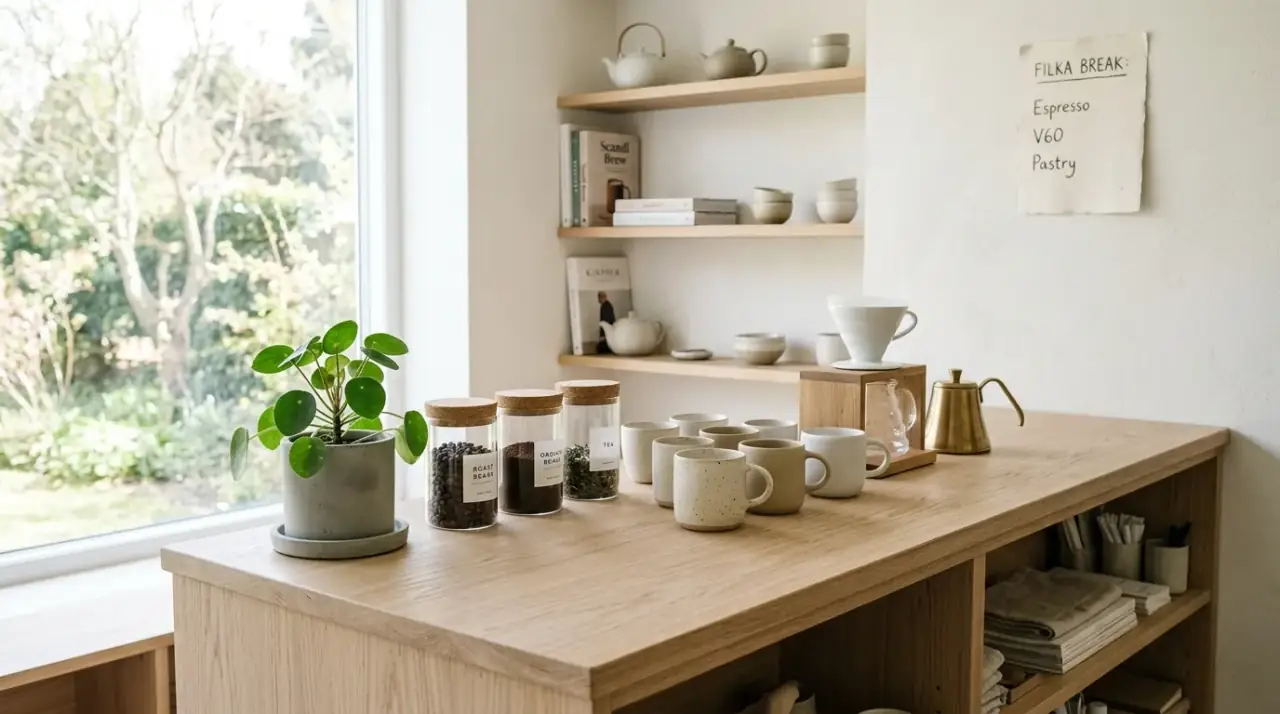 Warm wood coffee bar. Coffee counter styling with wood accessories for a softer feel.