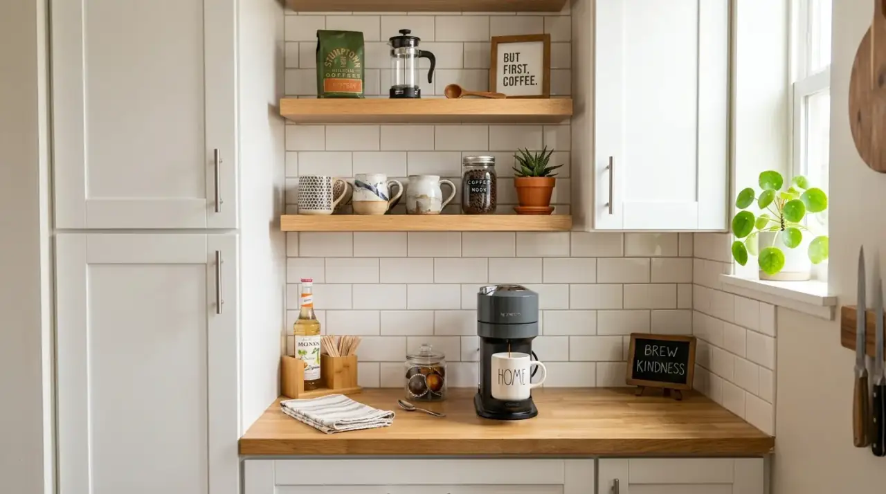 Lamp on coffee bar. Counter coffee station warmed by a small accent lamp.