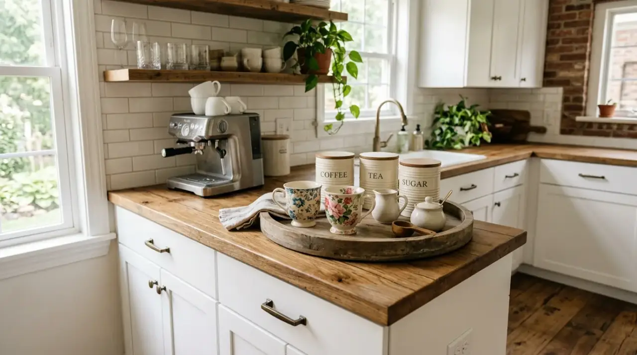 Coffee bar wall art. Kitchen beverage station styled with simple art for warmth.