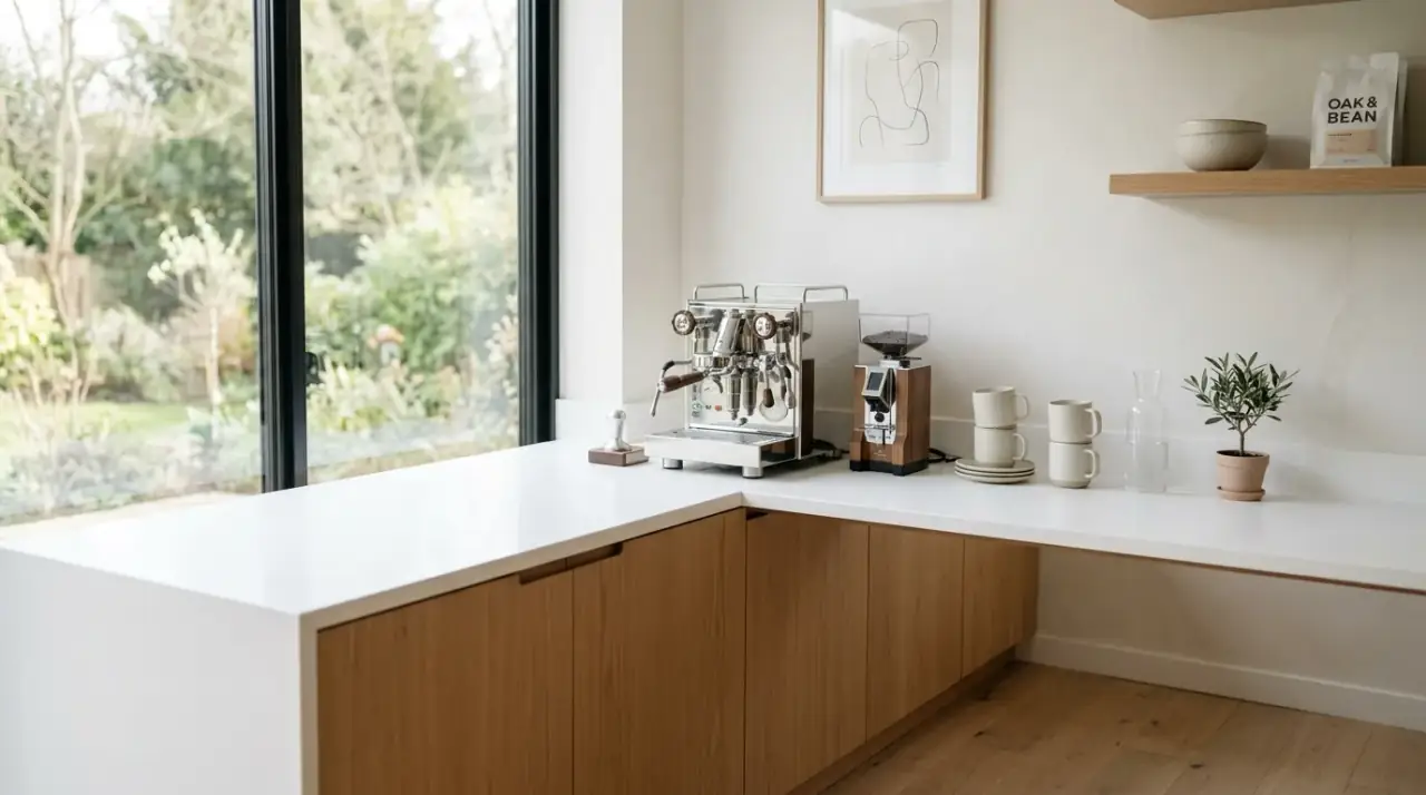 Coffee bar drawer storage. Hidden beverage tools and supplies supporting a tidier counter setup.
