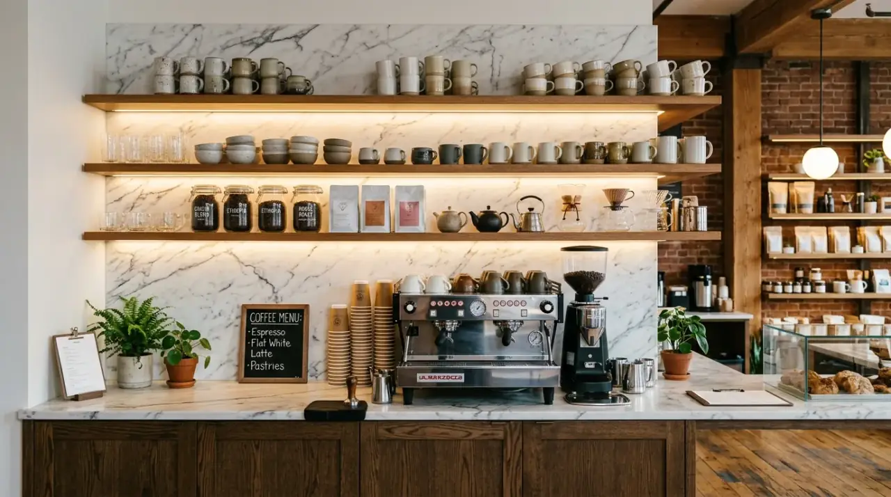 Coffee bar canisters. Glass jars and ceramic storage adding polish to a coffee counter.