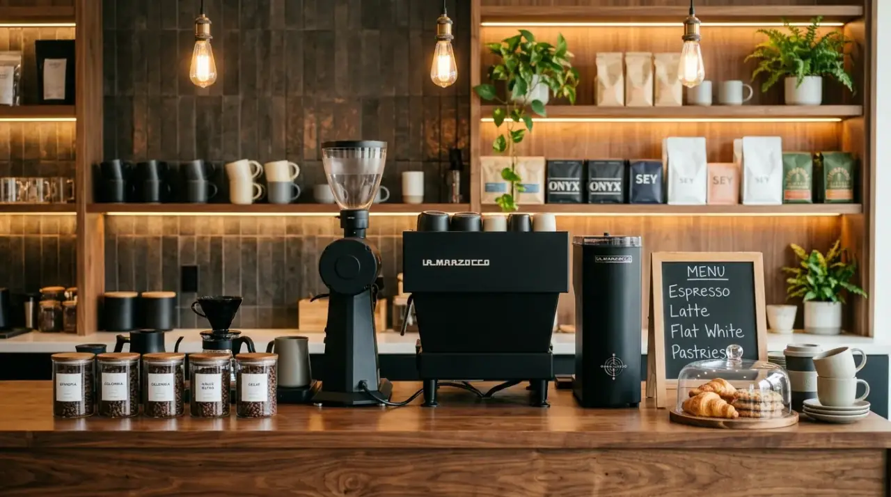 End-of-counter coffee bar. Counter coffee setup placed at the quieter end of the kitchen.
