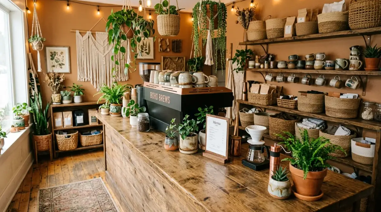 Seasonal coffee bar styling. Cozy beverage counter with restrained seasonal accents and supplies.