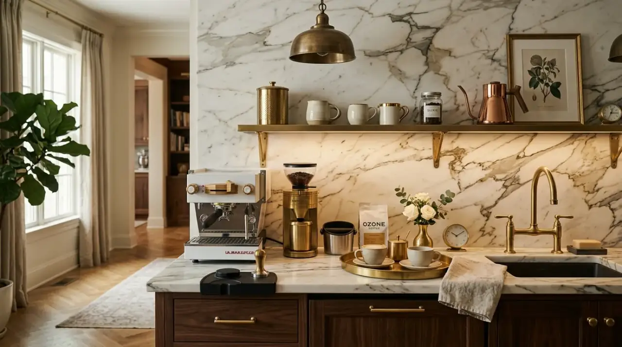 Coffee cart by kitchen. Space-saving beverage station moved off the busiest countertop area.