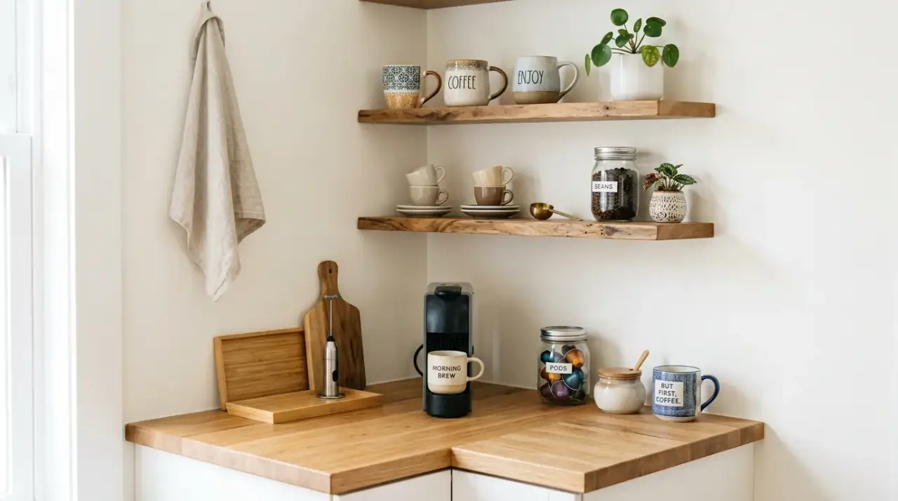 Coordinated kitchen coffee bar. Coffee station styled to echo the kitchen's main palette and materials.