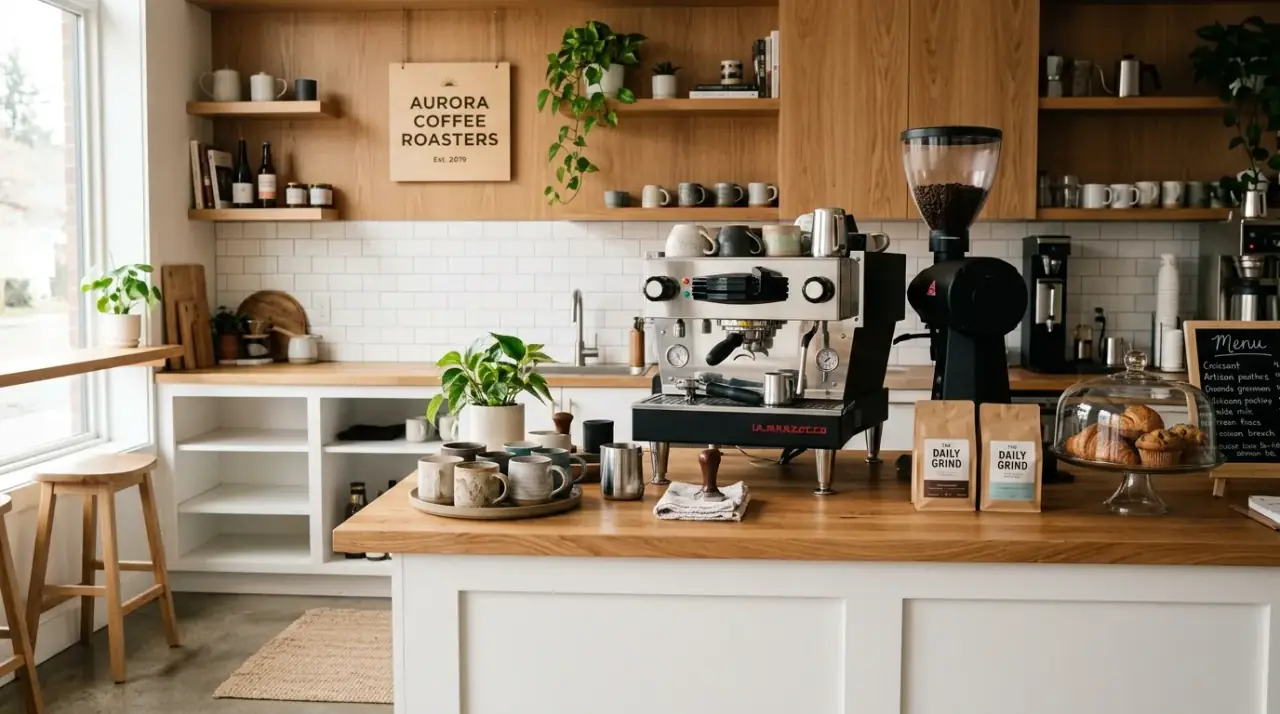Cozy coffee bar overview. Warm kitchen coffee station balancing style, storage, and everyday ritual.