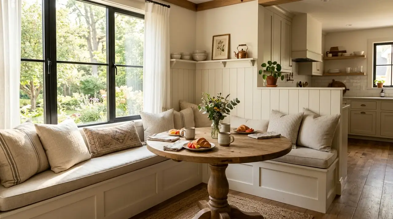 Cozy kitchen nook designed as a charming breakfast spot with warm seating and soft light.