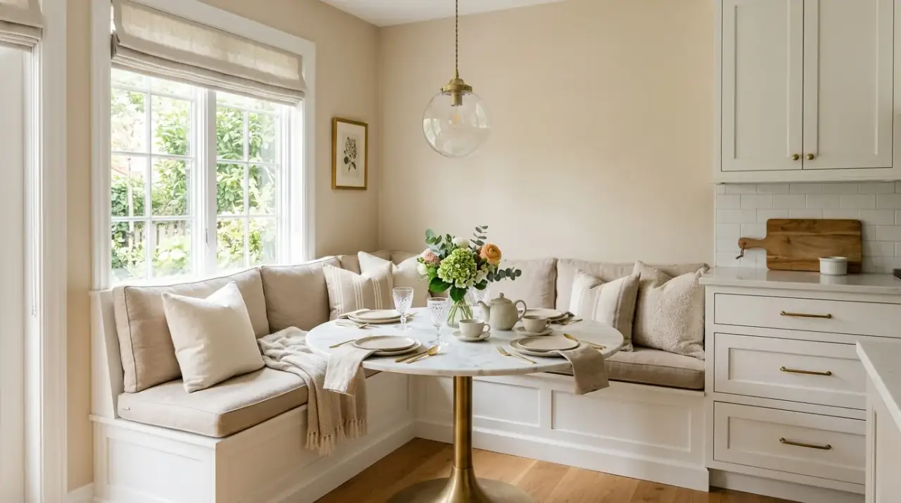 Round table in cozy kitchen nook. Soft table shape making a breakfast spot feel more welcoming and relaxed.