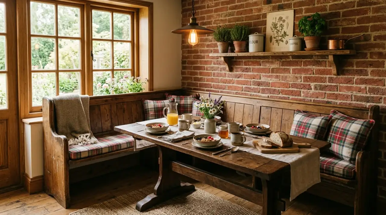 Window kitchen nook. Morning light making a cozy breakfast corner feel bright and welcoming.