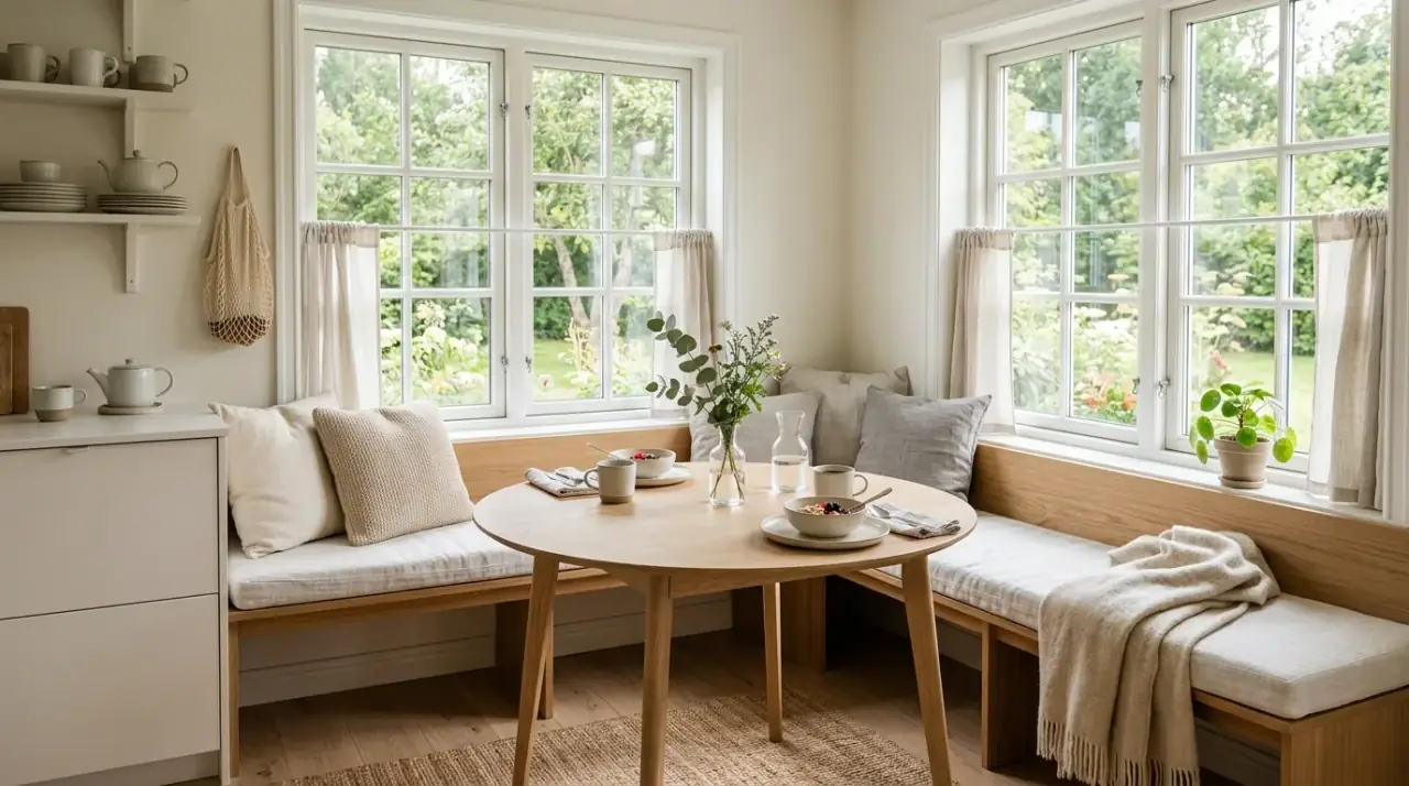 Cushioned kitchen nook seating. Soft textiles adding comfort to a charming breakfast spot.